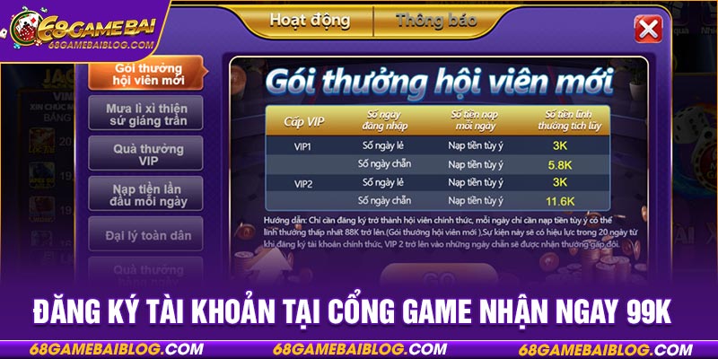 Đăng ký tài khoản tại cổng game nhận ngay 99K